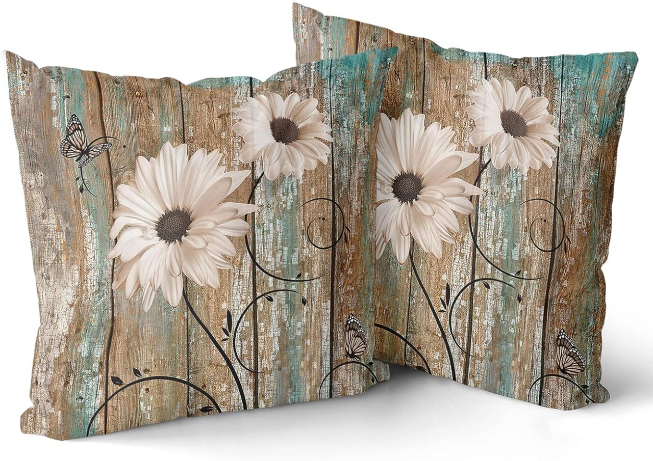 Rustic Daisy Board Pillow Covers 18x18 Inch White Sunflowers on Vintage Style Wood Plank Throw Pillowcases Set of 2 with Hidden Zipper for Couch Cushion Sofa Bedroom Home Decoration